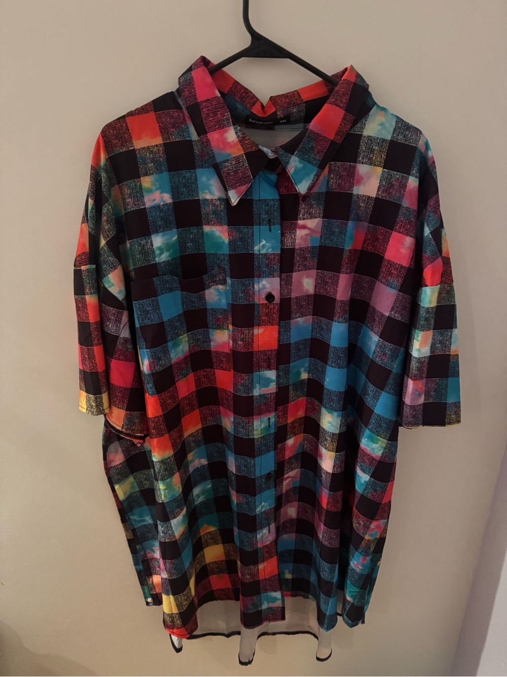 SHEIN Multicolor Plaid Button-Down Shirt - Black, Red, Blue, Pink, Yellow